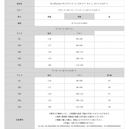 XL-5XL大きいサイズワンピース（2タイプ：キャミ、オフショルダー）