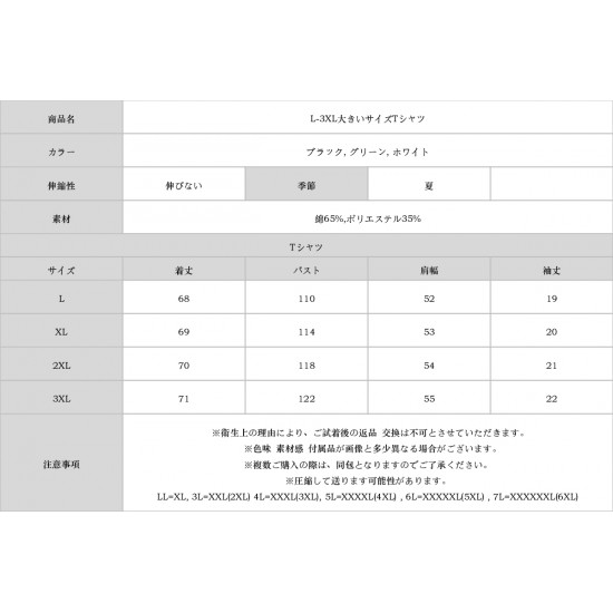 L-3XL大きいサイズTシャツ