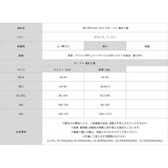 XS-4XL大きいサイズガードル・補正下着